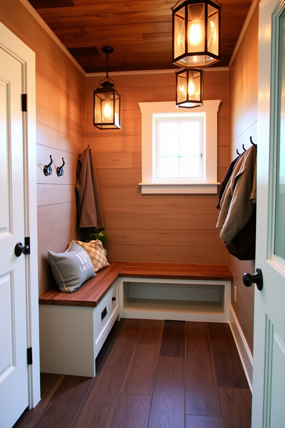 A rustic mudroom features a chalkboard wall for notes and reminders. The space includes wooden benches with storage underneath and hooks for coats and bags.
