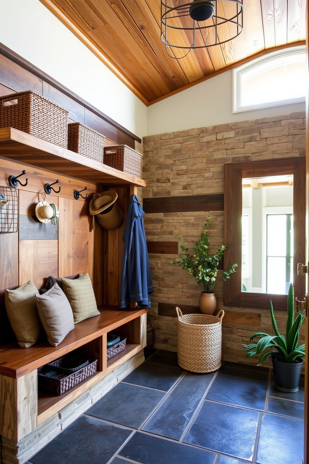 A charming rustic mudroom features vintage wooden crates repurposed as unique storage solutions. The crates are stacked neatly against the wall, providing a stylish way to organize shoes and outdoor gear while adding a touch of character to the space.