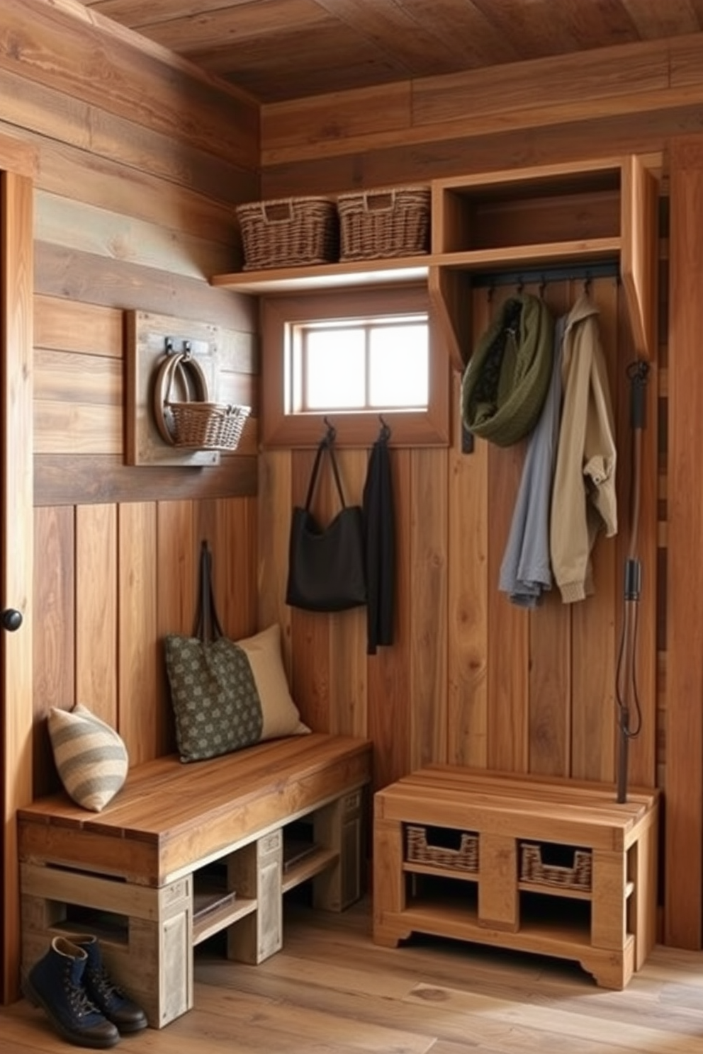 A cozy rustic mudroom featuring a farmhouse sink with a large apron front for easy cleanup. The space is adorned with reclaimed wood shelving and hooks for hanging coats, while a textured rug adds warmth to the floor.