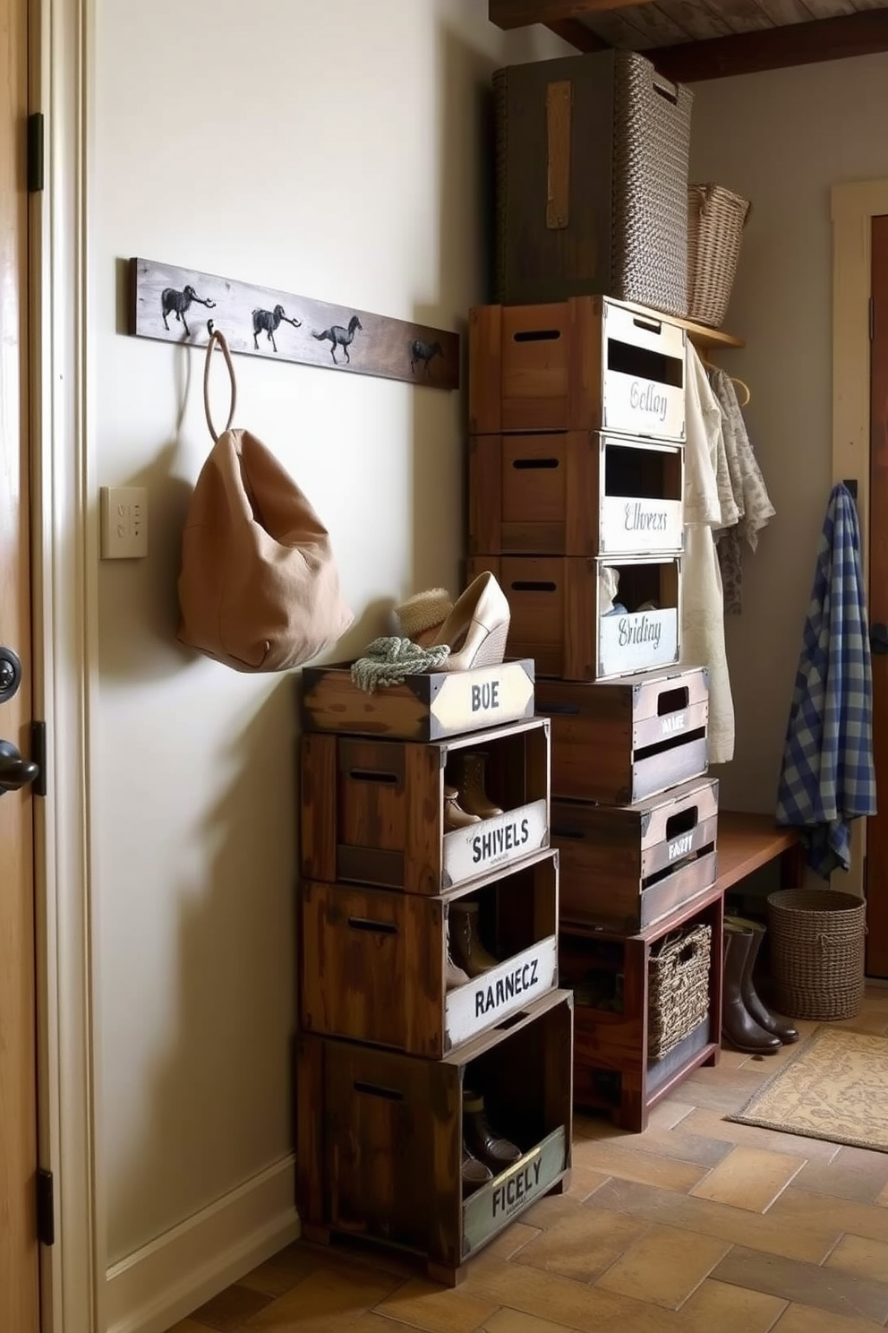 A cozy mudroom features reclaimed wood benches and hooks for hanging coats. The walls are adorned with rustic wall art showcasing nature-inspired themes to enhance the decor. The flooring is made of durable tile that mimics the look of weathered wood. Soft lighting fixtures create a warm atmosphere, making the space inviting and functional.
