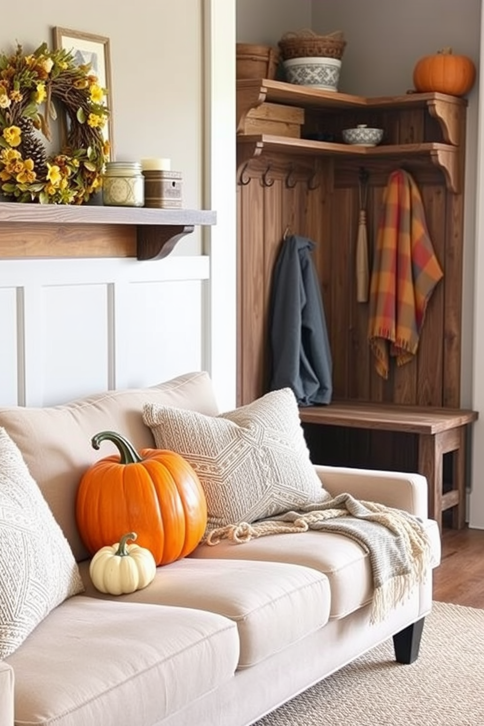 A rustic mudroom features a wooden bench adorned with soft cushions for added comfort. The walls are lined with shiplap, and hooks are installed above the bench for hanging coats and bags.