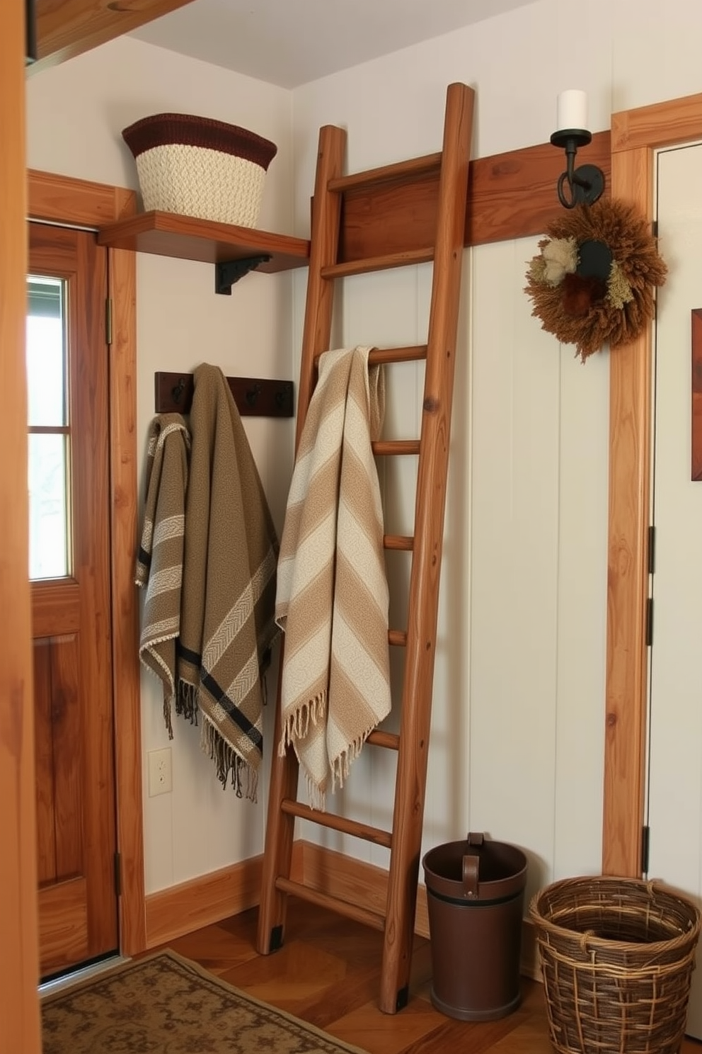 Personalized name tags are affixed to each locker in a rustic mudroom. The lockers are made of reclaimed wood, displaying unique textures and natural imperfections, creating a warm and inviting atmosphere. The floor is covered with a durable, patterned tile that complements the earthy tones of the wood. A cozy bench with plush cushions sits against the wall, providing a perfect spot to sit and remove shoes.