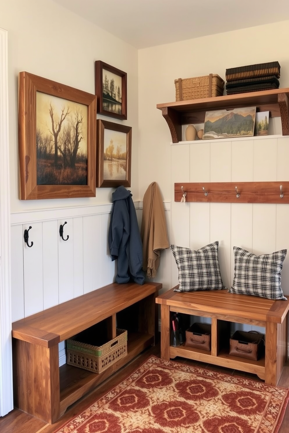 A rustic mudroom filled with natural light streaming through large windows. The space features reclaimed wood benches with cozy cushions and a combination of open shelving and hooks for storage.