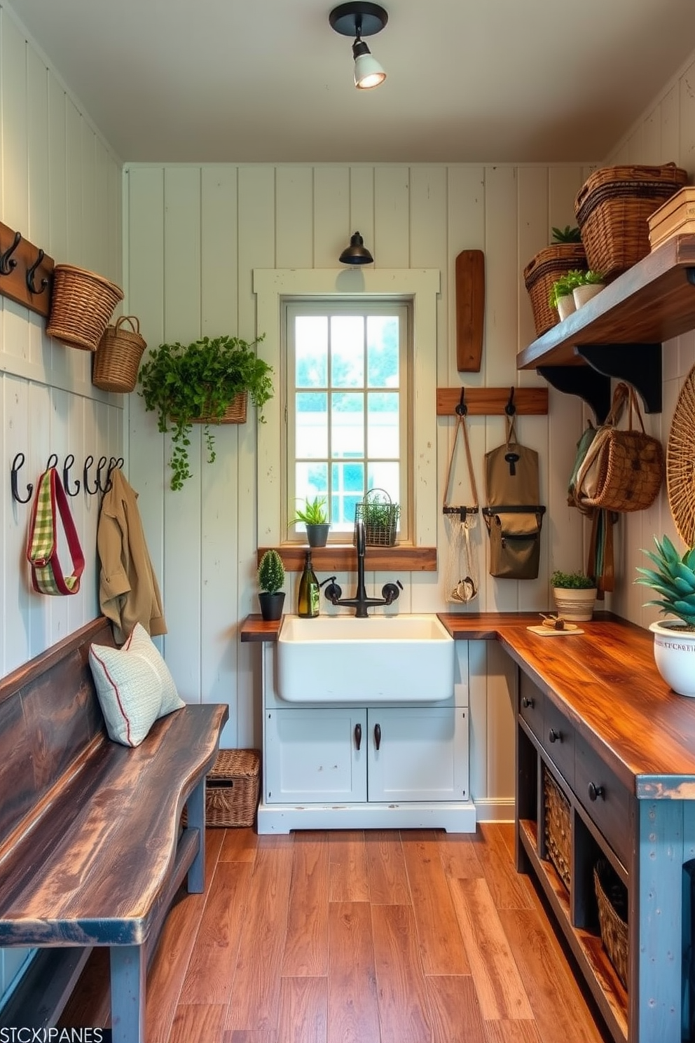 A vibrant accent wall painted in a bold teal hue serves as the focal point of the room. Surrounding the wall, the decor features a mix of modern and vintage elements, creating an inviting atmosphere. The rustic mudroom is designed with reclaimed wood benches and hooks for coats. Natural light floods in through a large window, highlighting the earthy tones of the flooring and decor.