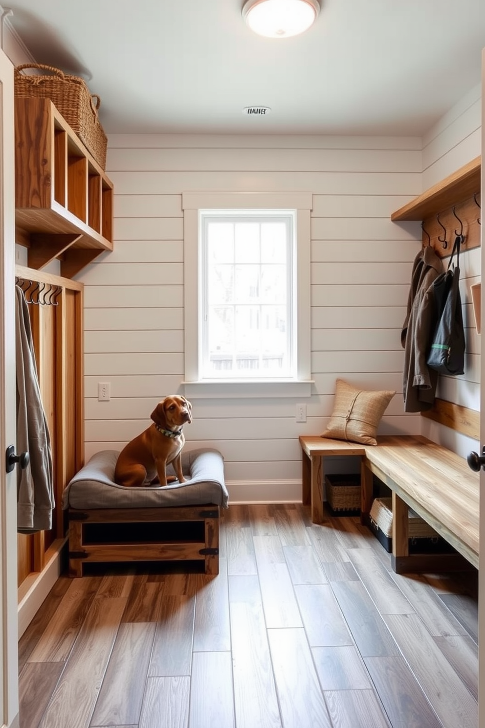 A rustic mudroom features sliding glass doors that open to a serene outdoor space. The design includes a wooden bench with storage underneath, surrounded by hooks for coats and a textured rug on the floor.