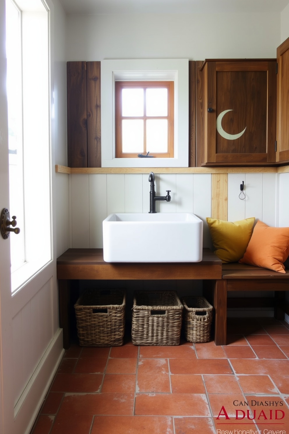 A welcoming farmhouse style sliding barn door entrance sets the tone for a cozy rustic mudroom. The space features shiplap walls painted in soft white, complemented by a warm wood bench and woven baskets for storage. Natural light floods the room through a large window, illuminating the distressed wood flooring. Hooks line the walls for hanging coats and hats, while a vintage rug adds a touch of charm to the inviting atmosphere.