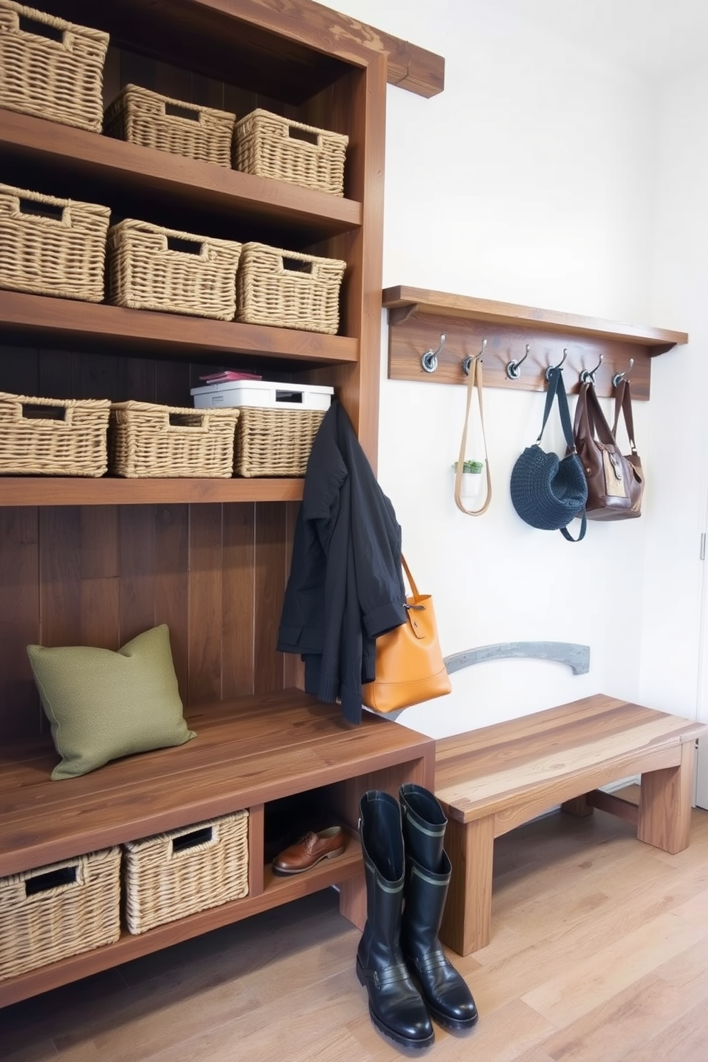 A rustic mudroom featuring woven baskets for organized shoe storage. The space includes a wooden bench with a natural finish, and hooks for coats line the walls.