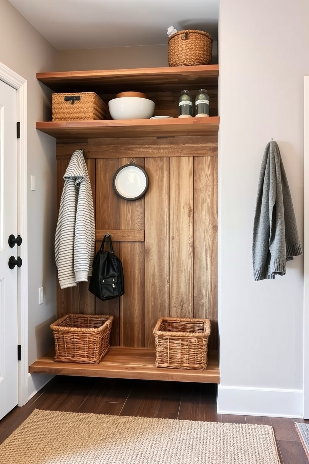 Open shelving made of reclaimed wood lines the walls, providing easy access to everyday items like shoes and bags. The floor features a durable, weathered tile that complements the rustic aesthetic, while a large bench invites guests to sit and remove their footwear.