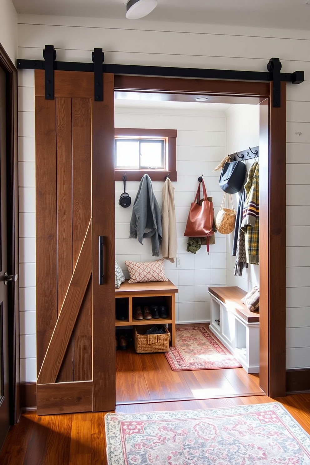 A rustic mudroom island features a reclaimed wood top with ample space for storage and organization. Below the countertop, open shelves hold baskets and boots, while hooks on the wall display jackets and hats.
