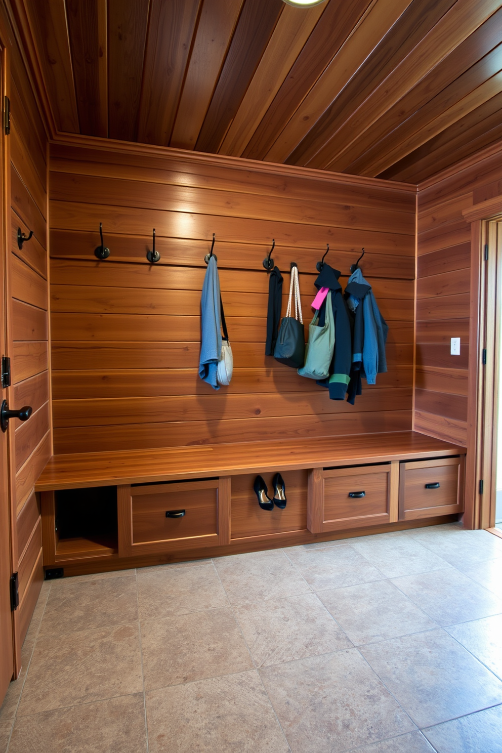 Create a rustic mudroom featuring natural stone flooring that enhances durability. Include wooden benches with built-in storage and hooks for coats, complemented by earthy tones in the decor.