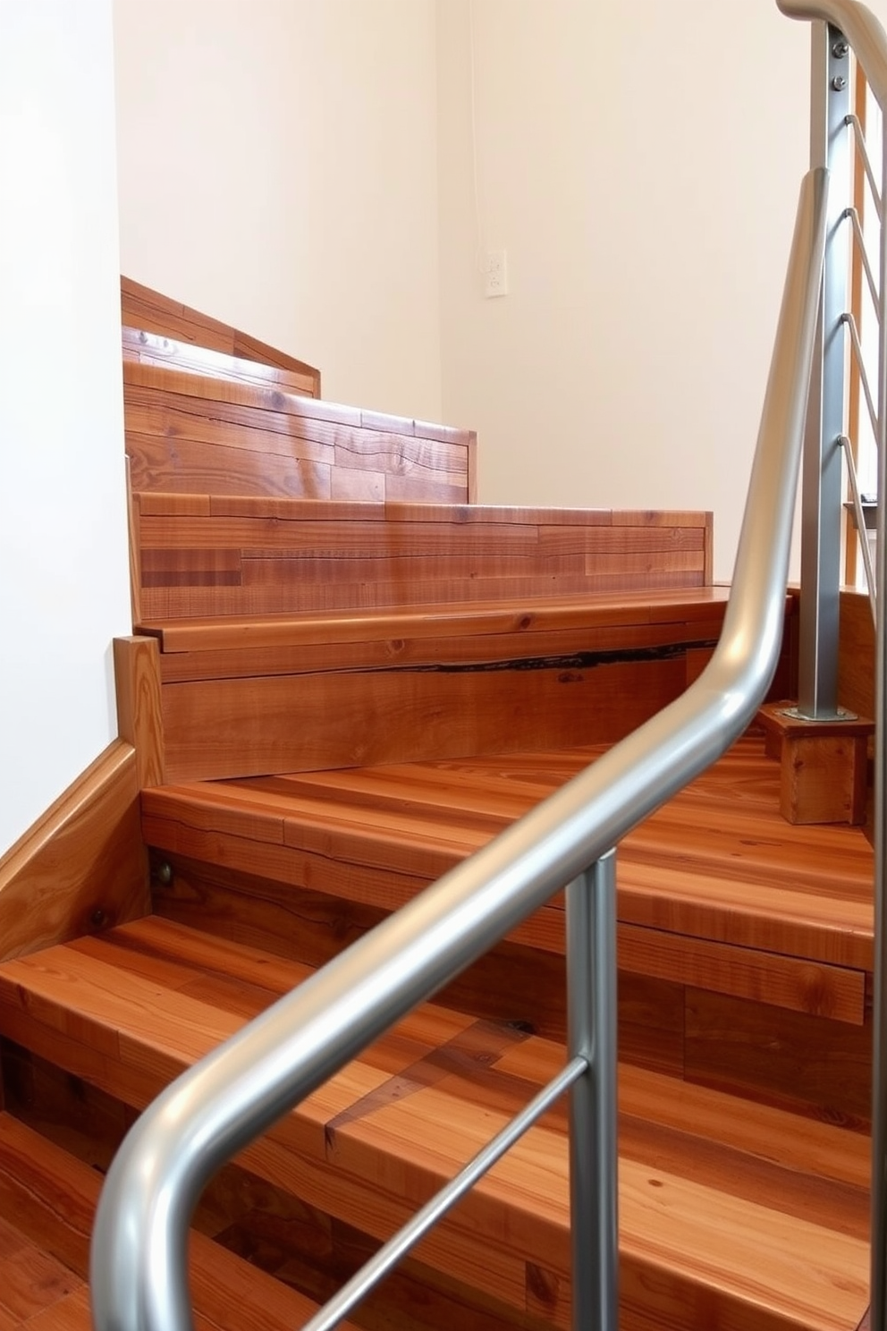 Reclaimed wood steps lead gracefully up the staircase, showcasing the natural beauty and unique textures of the aged wood. The metal railing provides a modern contrast, featuring clean lines and a sleek finish that enhances the rustic charm of the design.