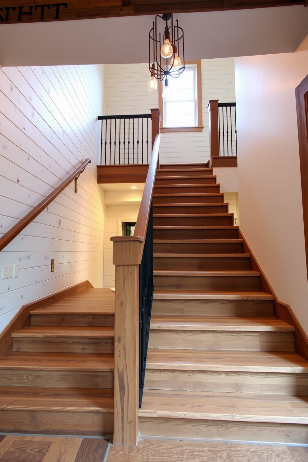A rustic farmhouse staircase features wide wooden planks that showcase the natural grain and texture of the wood. The staircase is complemented by wrought iron railings that add an elegant touch to the rugged charm of the design. The walls adjacent to the staircase are adorned with shiplap, painted in a soft white hue to enhance the farmhouse aesthetic. Warm ambient lighting fixtures hang above, casting a cozy glow that invites you to ascend the stairs.