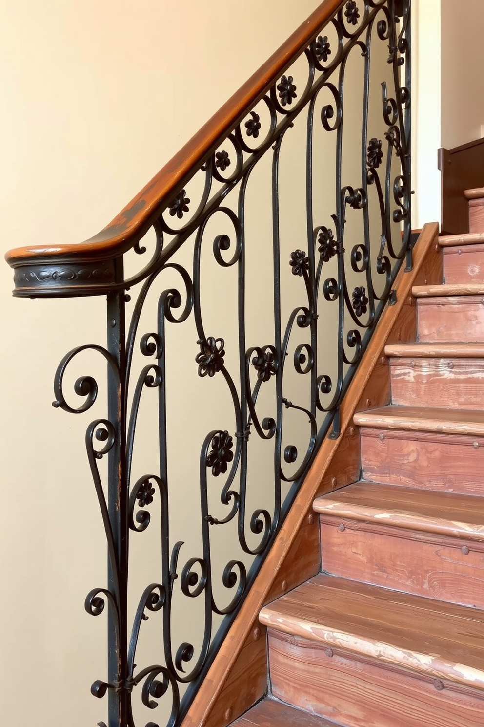 A vintage wrought iron railing gracefully curves along a rustic staircase, showcasing intricate floral patterns. The wooden steps are weathered and rich in character, adding warmth and charm to the overall design.