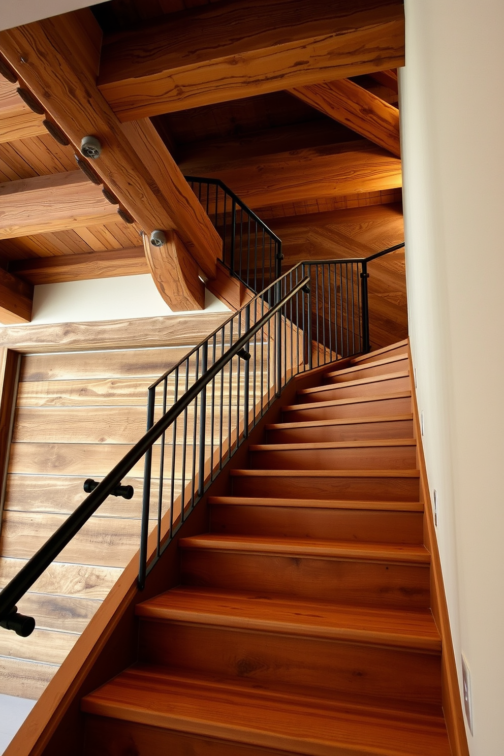 A rustic staircase with exposed wooden beams creates a warm and inviting atmosphere. The steps are crafted from reclaimed wood, showcasing natural imperfections and a rich patina. The handrail is made of wrought iron, adding an industrial touch to the design. Soft, ambient lighting highlights the texture of the wood and beams, enhancing the overall aesthetic.