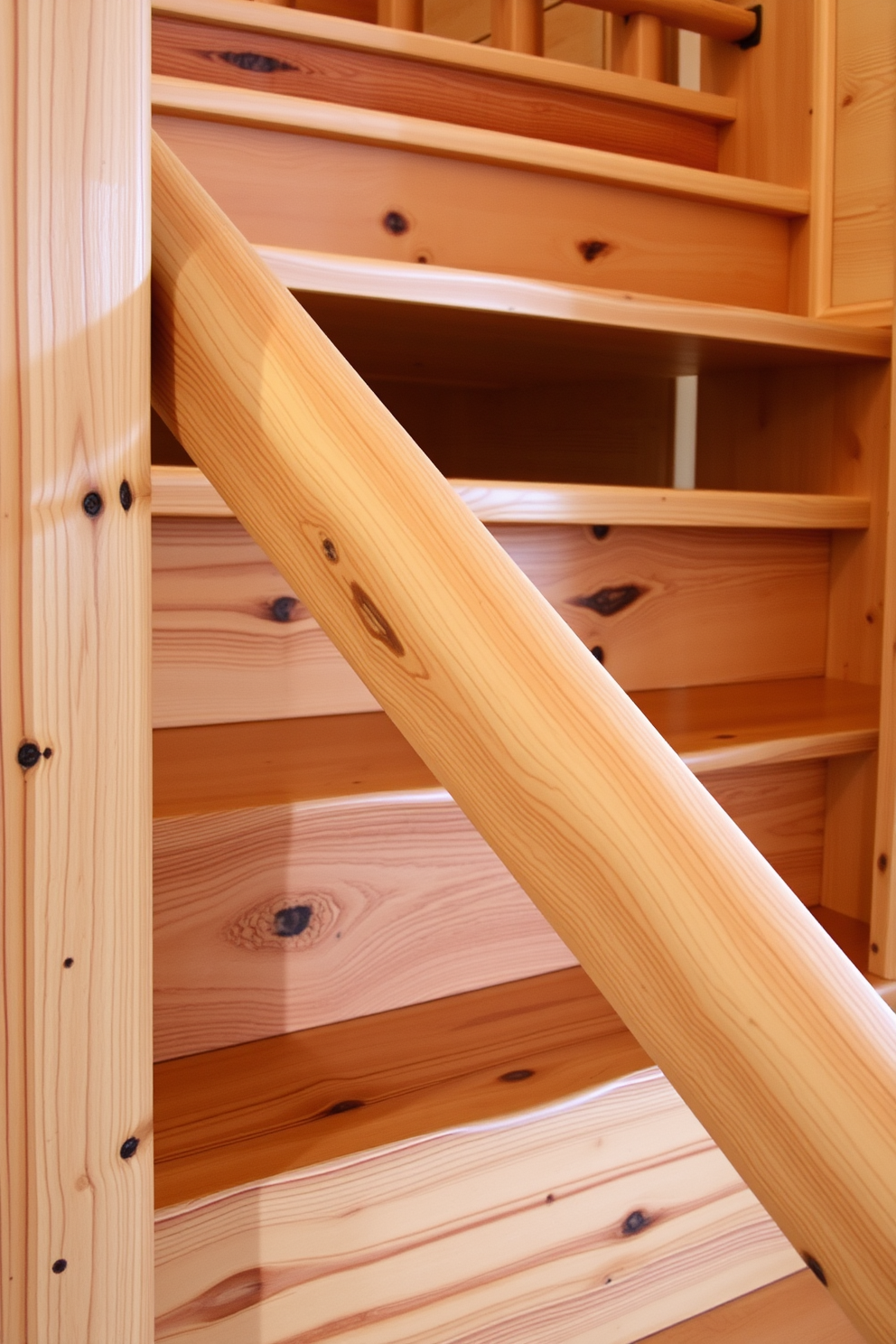 A natural wood staircase features beautifully visible decorative knots that enhance its rustic charm. The warm tones of the wood create an inviting atmosphere while the sturdy design ensures durability and safety.