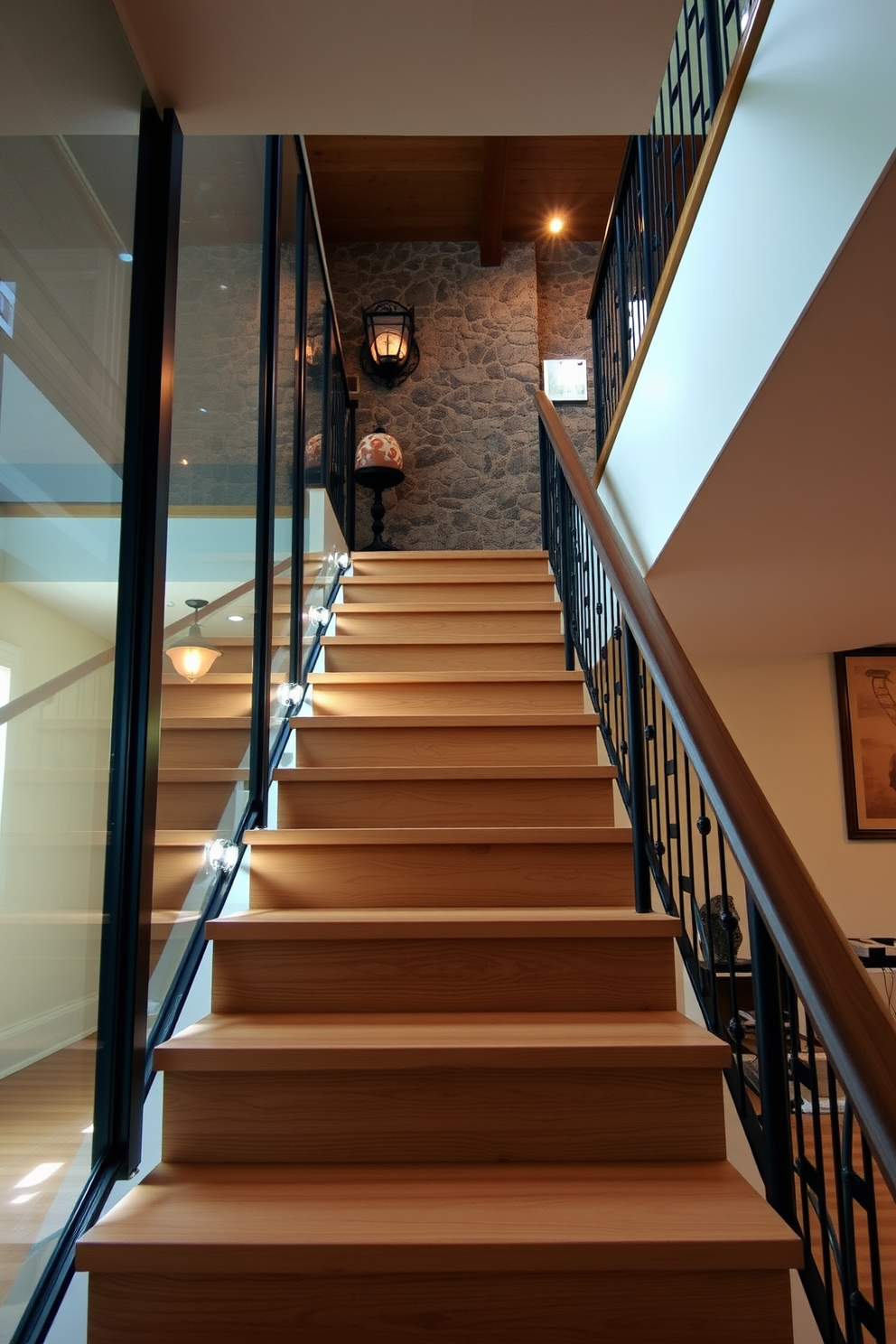 A rustic modern staircase features wooden steps with a natural finish, seamlessly blending with the surrounding decor. Glass panels on either side provide an open feel, allowing light to flow through while maintaining safety and style. The staircase is accented with wrought iron railings that add a touch of elegance to the rustic elements. Warm lighting fixtures are strategically placed to highlight the wood grain and enhance the inviting atmosphere of the space.
