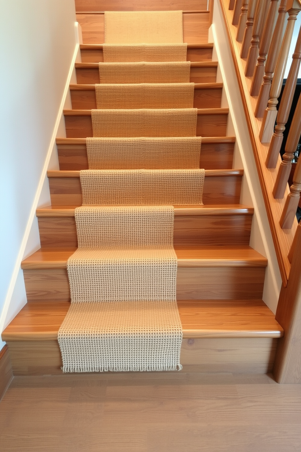 Stained wood steps lead up a rustic staircase, showcasing rich tones that enhance the natural beauty of the wood. A jute runner adds texture and warmth, creating a cozy atmosphere while providing a practical solution for foot traffic.