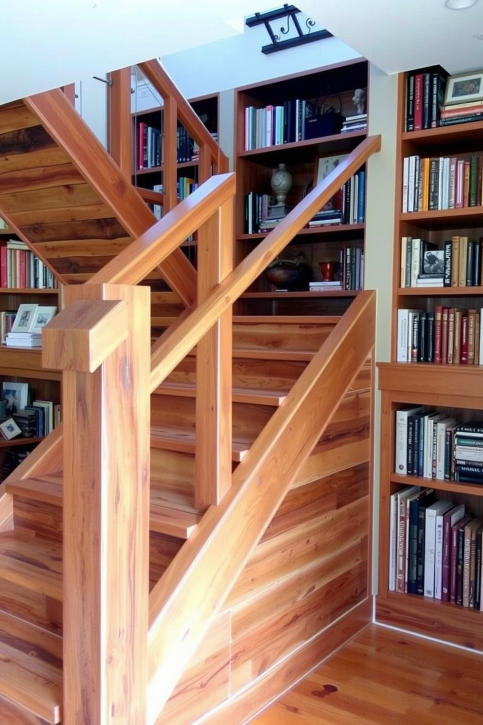 A rustic staircase made of reclaimed wood with a sturdy handrail. Built-in bookshelves line the walls, filled with an eclectic mix of books and decorative items.