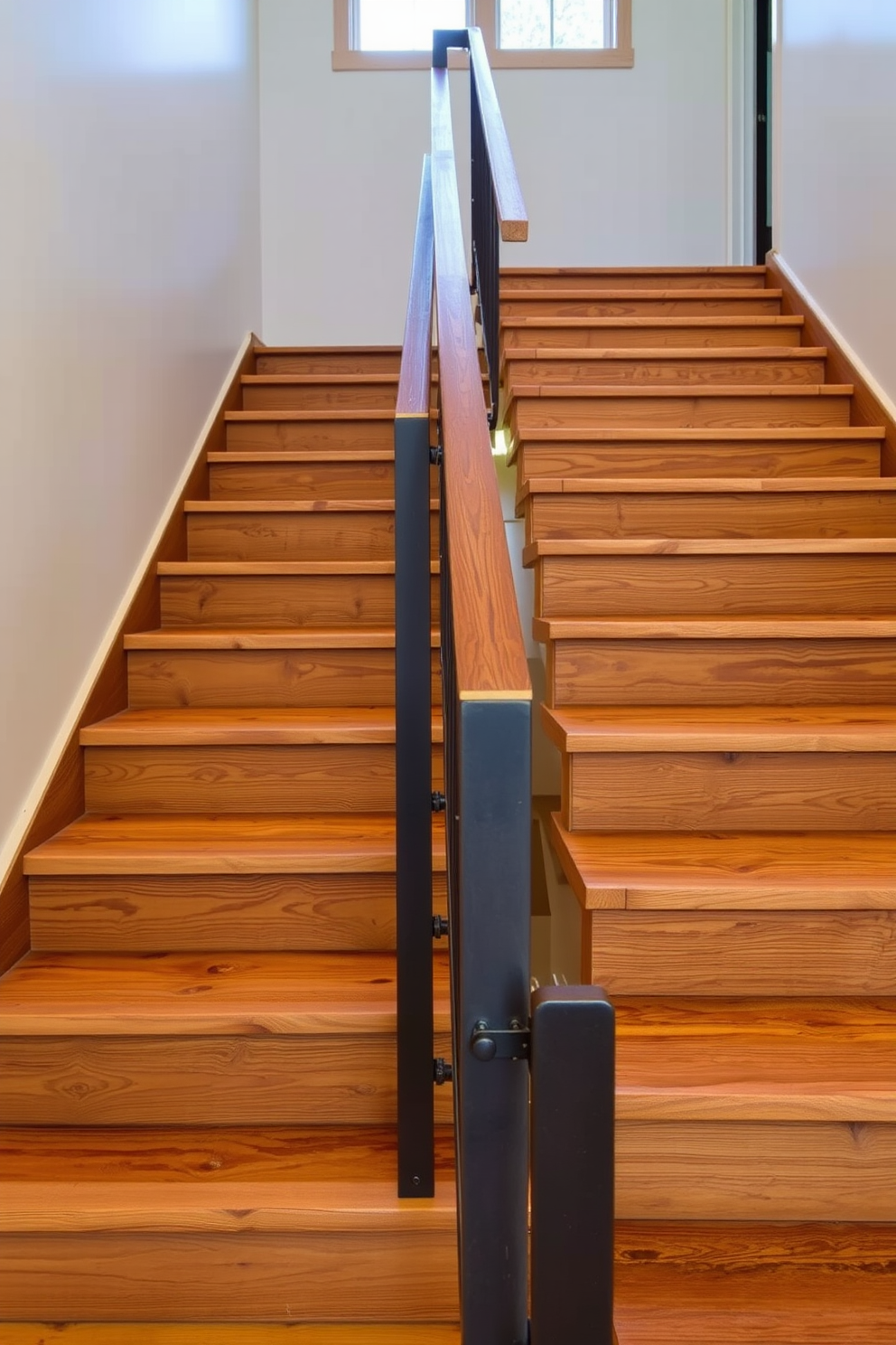 A weathered wood staircase with sturdy metal supports creates a striking focal point in the entryway. The natural textures of the wood contrast beautifully with the sleekness of the metal, enhancing the rustic charm of the space.