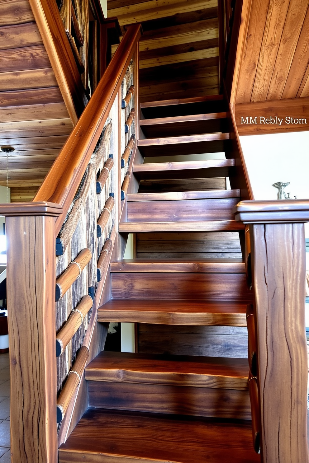 A rustic staircase design featuring vintage ladder elements. The staircase is made of reclaimed wood with a weathered finish, showcasing unique ladder-like railings that add character and charm.