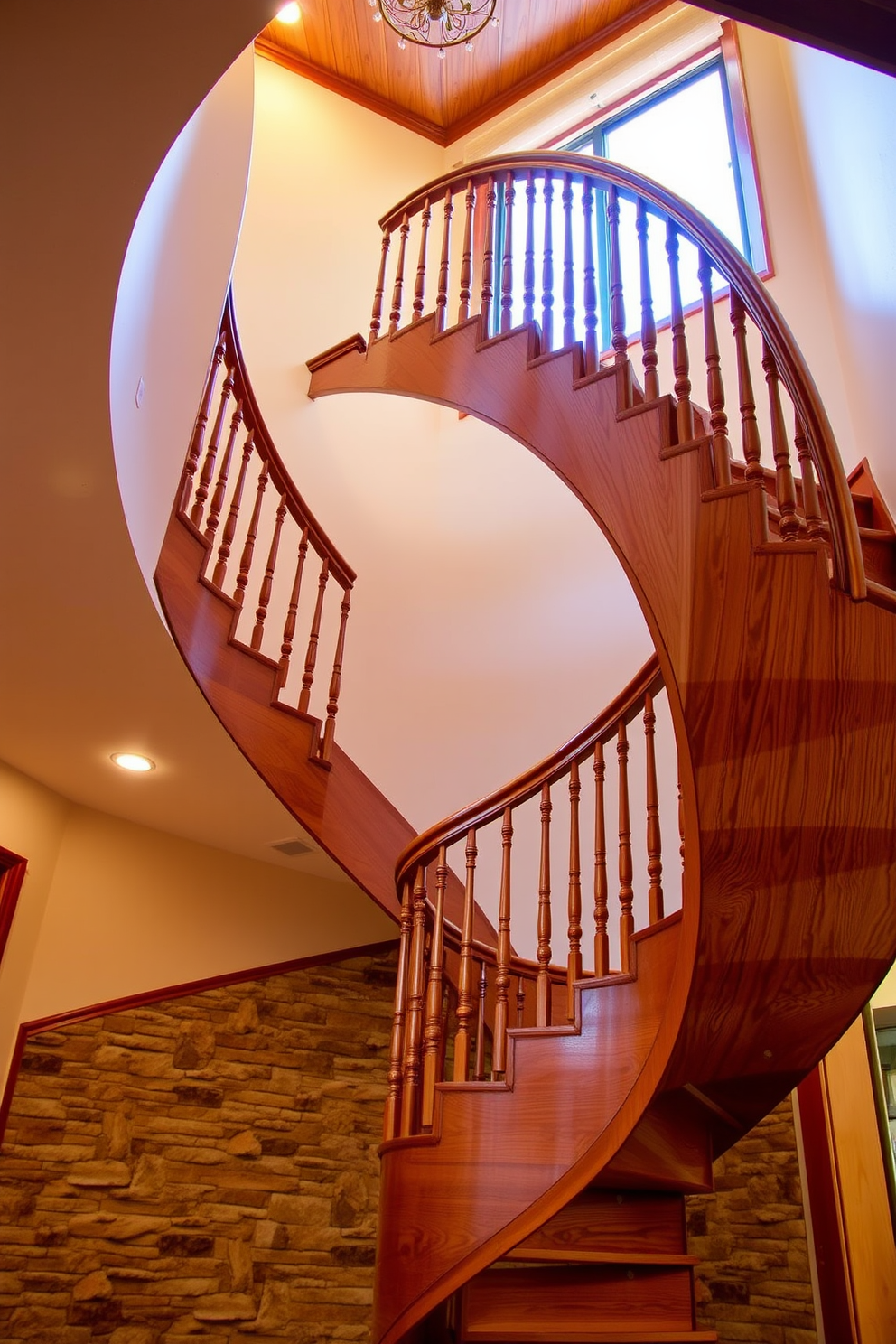 A stunning double helix staircase with a rich wood finish spirals elegantly upwards. The design features intricate balusters and a polished handrail, creating a warm and inviting focal point in the entryway. The staircase is surrounded by soft, ambient lighting that highlights the beautiful grain of the wood. Below, a rustic stone wall adds texture and contrast, enhancing the overall charm of the space.