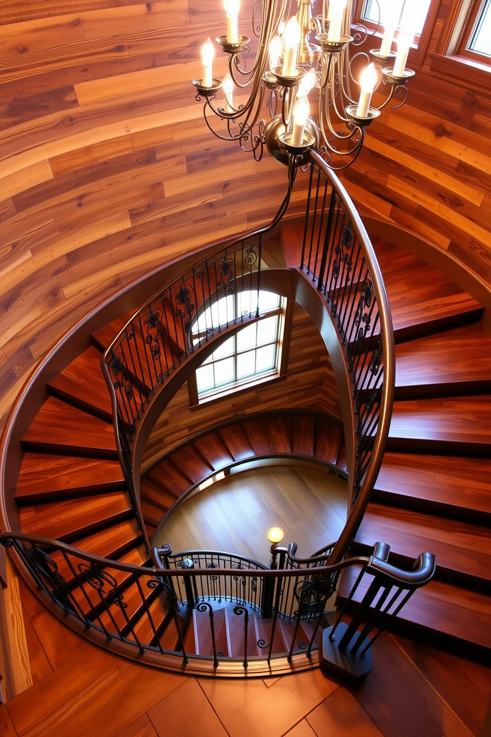 A stunning spiral staircase with rich wooden treads gracefully winds upwards. The balustrade features wrought iron accents that complement the warm tones of the wood. The staircase is illuminated by a large chandelier that hangs elegantly above. Surrounding the staircase, the walls are adorned with rustic wood paneling, enhancing the cozy atmosphere.