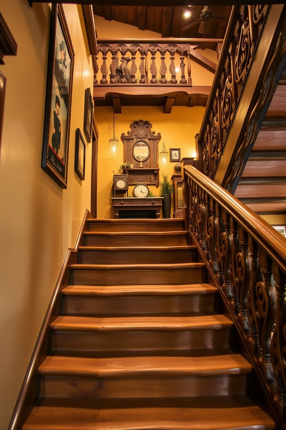 A rustic staircase with hand-carved wooden details showcases the craftsmanship of traditional design. The steps are wide and sturdy, leading to a cozy landing adorned with vintage decor and soft lighting. The railing features intricate carvings that add character and charm to the overall aesthetic. Surrounding the staircase, warm earthy tones and natural materials create an inviting atmosphere.
