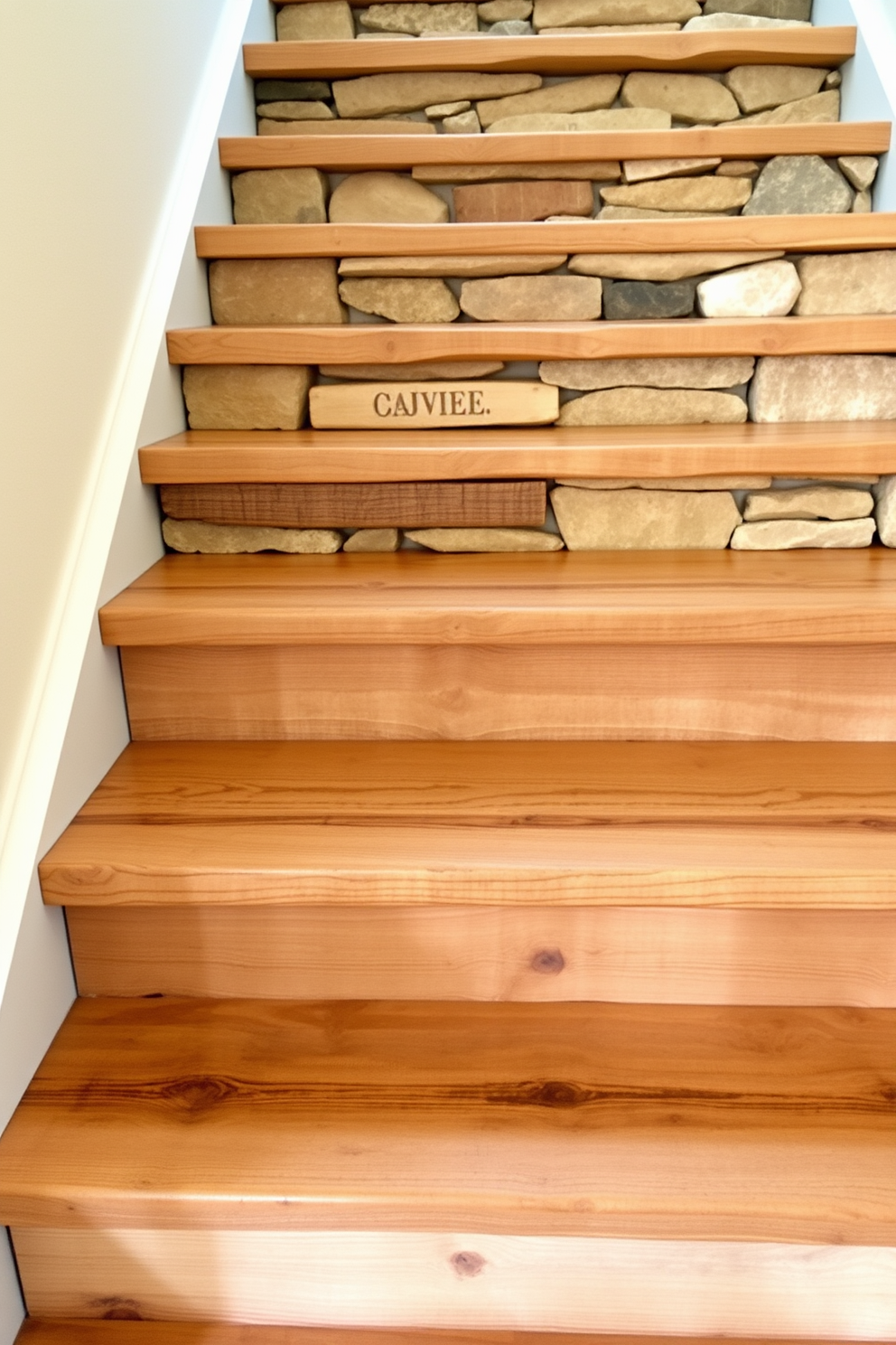 A rustic staircase design featuring a combination of wood and stone materials. The steps are crafted from reclaimed wood with a natural finish, complemented by stone risers that add texture and warmth to the overall aesthetic.