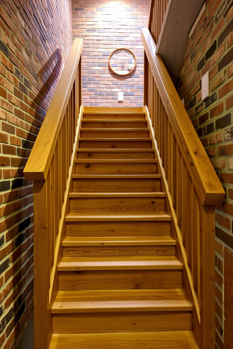 A rustic staircase with a distressed finish features warm wooden steps that showcase natural grain and imperfections. The railing is crafted from reclaimed wood and complements the overall rustic aesthetic, creating a cozy and inviting atmosphere. Surrounding the staircase, exposed brick walls enhance the charm of the design while providing a textured backdrop. Soft ambient lighting illuminates the space, highlighting the unique characteristics of the staircase and inviting guests to explore further.