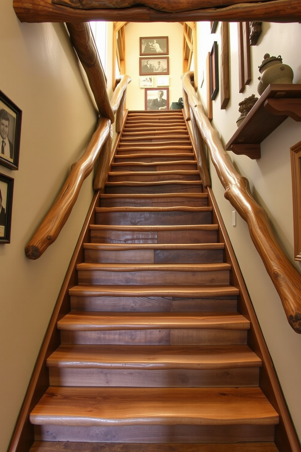 A rustic staircase featuring sturdy tree trunk support beams creates a warm and inviting atmosphere. The steps are crafted from reclaimed wood, showcasing natural grain and texture, while the surrounding walls are adorned with vintage photographs and wooden accents.