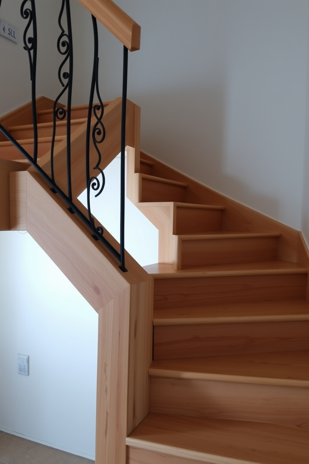 Simple wooden stairs with natural edges create a warm and inviting atmosphere in any home. The stairs feature a mix of light and dark wood tones, enhancing the rustic charm of the design. The railing is crafted from wrought iron, adding a touch of elegance while maintaining a sturdy feel. Soft lighting illuminates the stairs, highlighting the natural grain of the wood and the beauty of the rustic design.