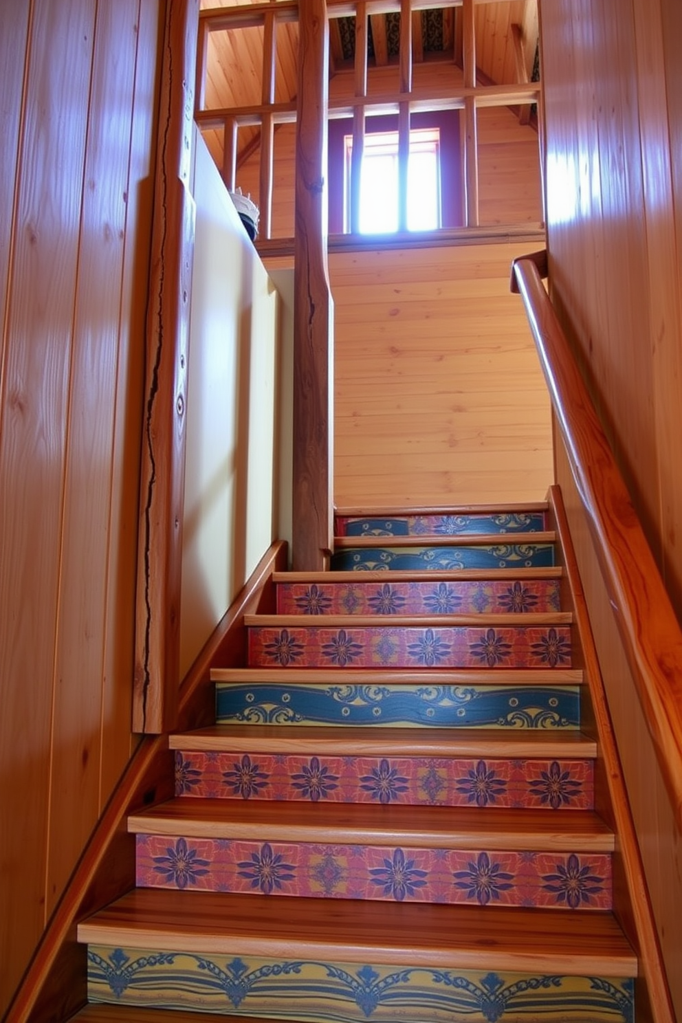 A rustic staircase with wooden steps and a sturdy handrail leads up to an inviting loft space. The risers are adorned with vibrant colors and intricate patterns, adding a playful touch to the natural wood finish.