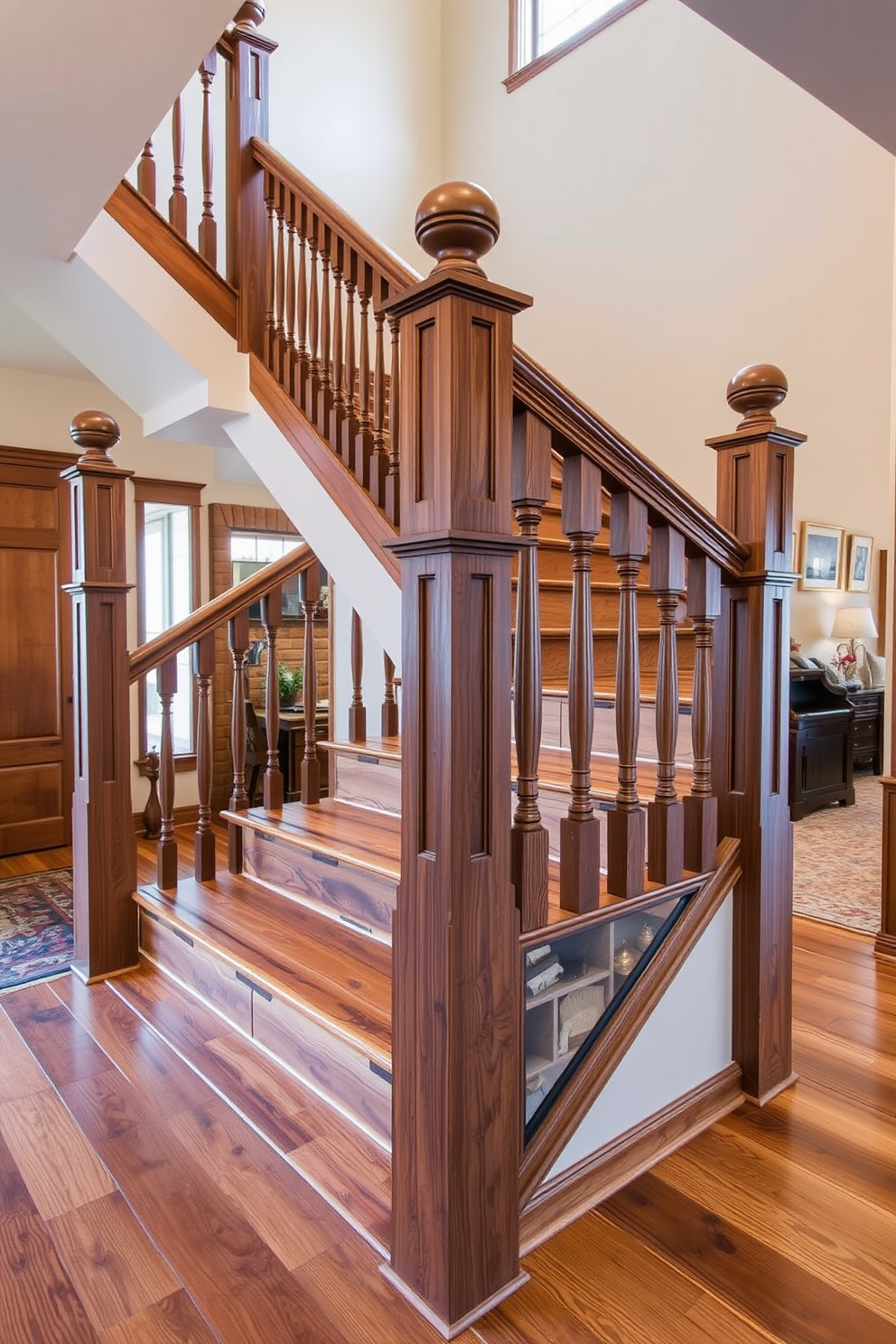 A wide staircase with decorative newel posts features a rich wooden finish that complements the surrounding decor. The balustrade is intricately designed, adding an elegant touch to the rustic ambiance of the space. The treads are made of reclaimed wood, showcasing natural imperfections that enhance the staircase's character. Soft, warm lighting highlights the craftsmanship, creating a welcoming atmosphere in the entryway.