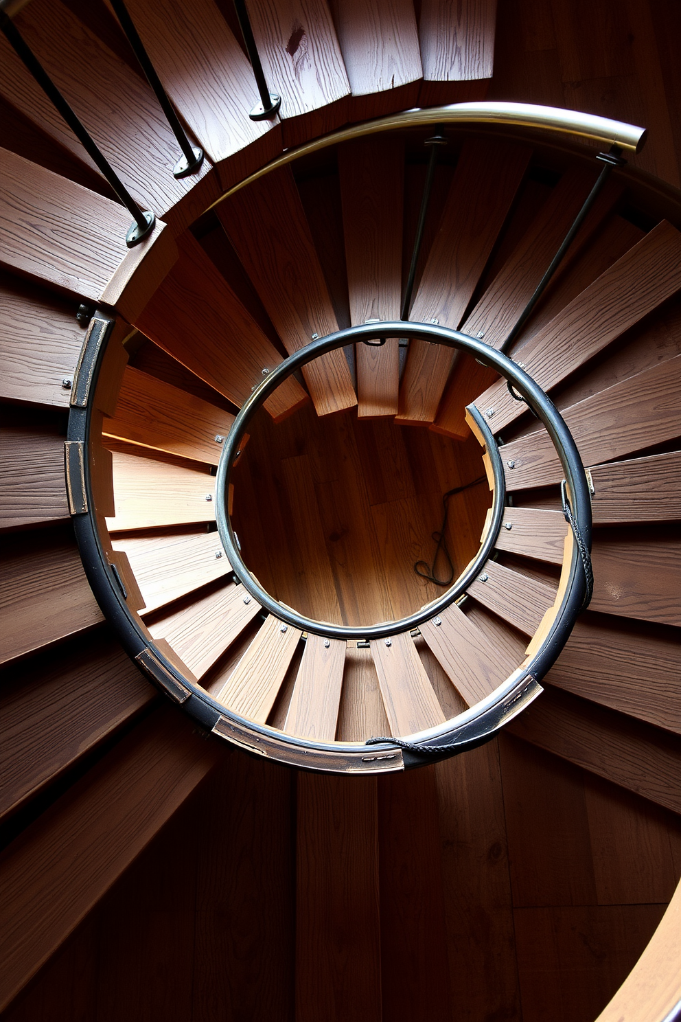 A rustic spiral staircase with iron accents gracefully winds upwards. The wooden steps are weathered, showcasing their natural grain, while the iron railing adds a touch of elegance and strength.