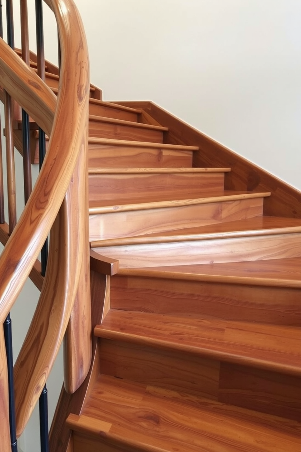 A rustic staircase with reclaimed wood handrails that adds warmth and character to the space. The steps feature a natural finish, showcasing the unique grain and texture of the wood, complemented by soft lighting that highlights the craftsmanship.