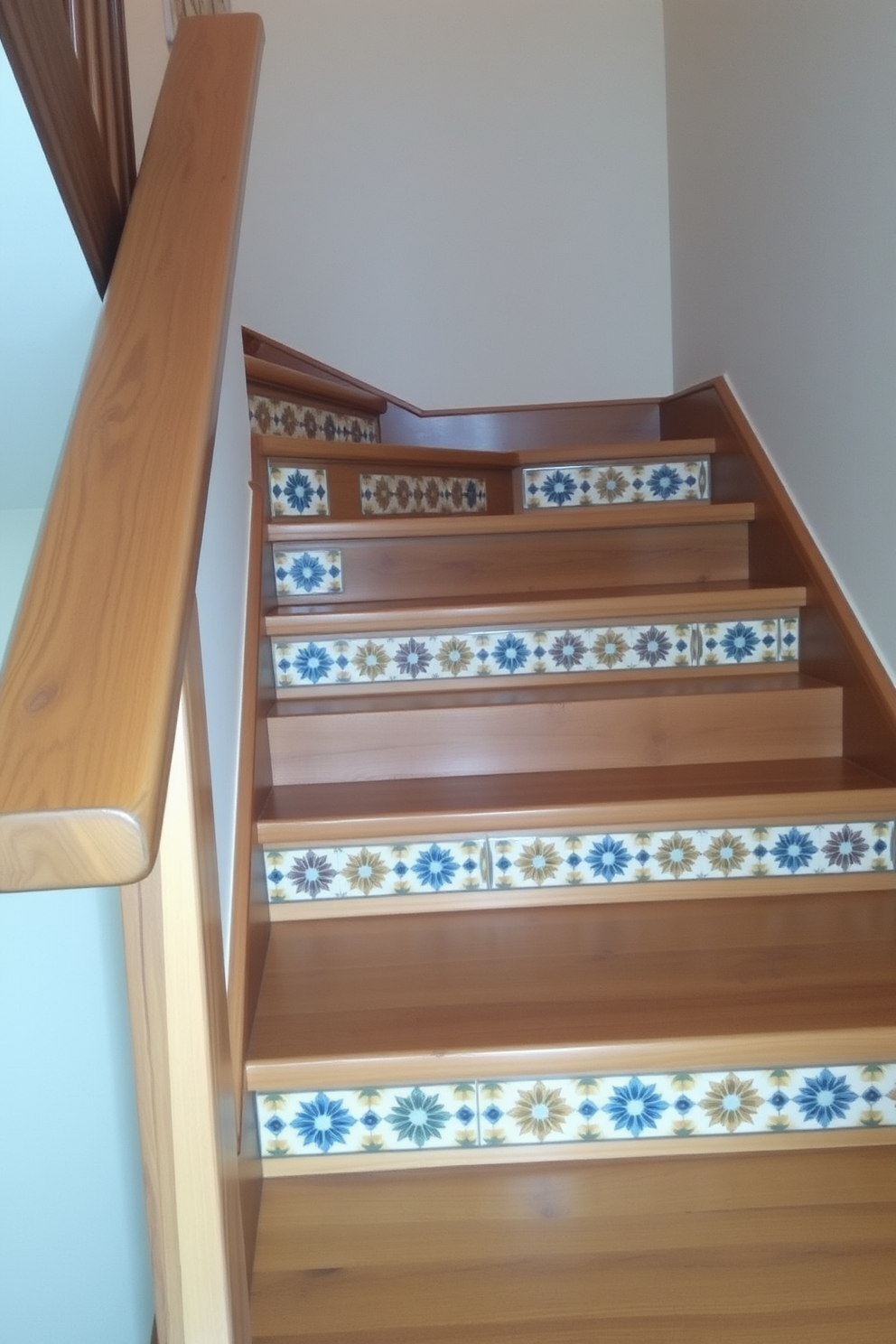 A rustic staircase with a tile inlay design features sturdy wooden steps complemented by intricate ceramic tiles that create a unique pattern along the risers. The warm tones of the wood harmonize with the vibrant colors of the tiles, adding character and charm to the entryway. The handrail is crafted from reclaimed wood, enhancing the rustic aesthetic while providing safety and support. Soft, ambient lighting illuminates the staircase, highlighting the beauty of the materials and inviting guests to explore further.