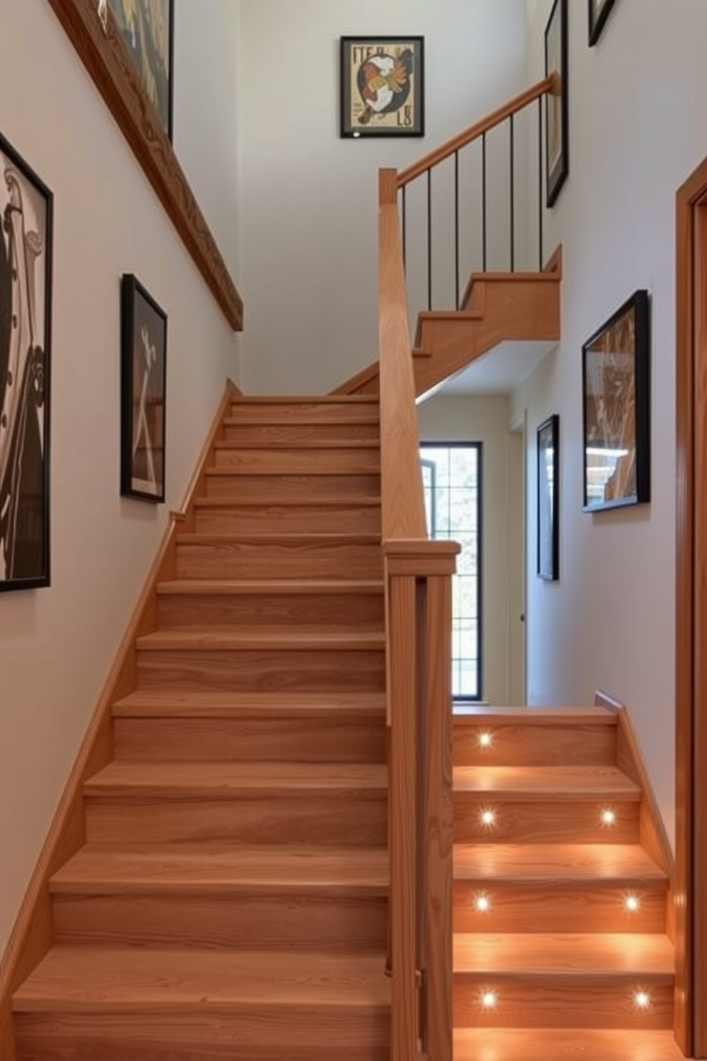 Open riser staircase with a natural wood finish showcasing the grain and texture of the material. The stairs are illuminated by soft, warm lighting that highlights the rustic charm of the design. The staircase features a sleek, minimalist railing made of wrought iron, adding a touch of modern elegance. Surrounding the staircase, the walls are adorned with artwork that complements the rustic aesthetic, creating a harmonious flow in the space.