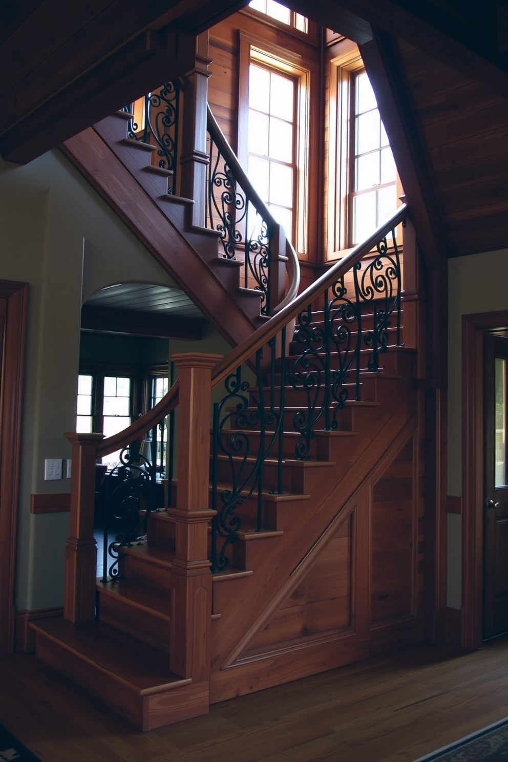 A wooden staircase with wrought iron embellishments creates a stunning focal point in any home. The rich tones of the wood contrast beautifully with the intricate details of the ironwork, adding elegance and charm to the space. The staircase features a wide, sturdy base and gracefully curved railings that enhance its rustic appeal. Natural light filters through nearby windows, highlighting the craftsmanship and inviting warmth of the wood.