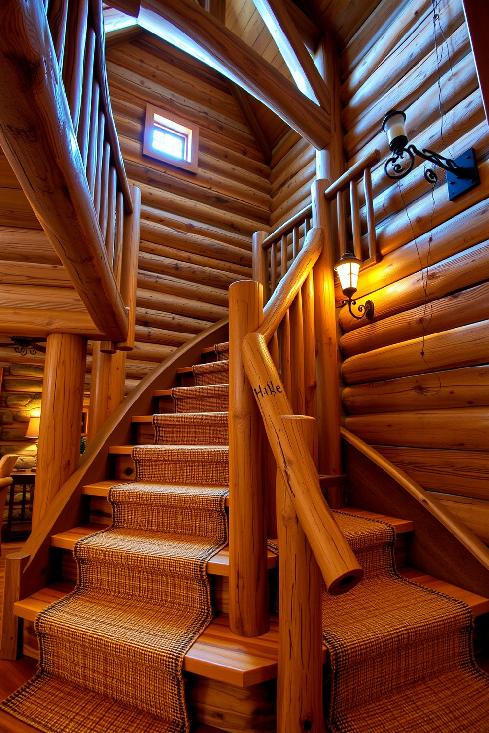 A rustic log cabin style staircase made of reclaimed wood with visible knots and a natural finish. The handrail is crafted from sturdy branches, and the steps are adorned with a warm, woven runner that adds comfort and texture. The staircase features large wooden beams overhead that enhance the cabin feel, while the walls are lined with stone accents for a cozy atmosphere. Soft, ambient lighting from wrought iron fixtures illuminates the space, highlighting the craftsmanship of the staircase.