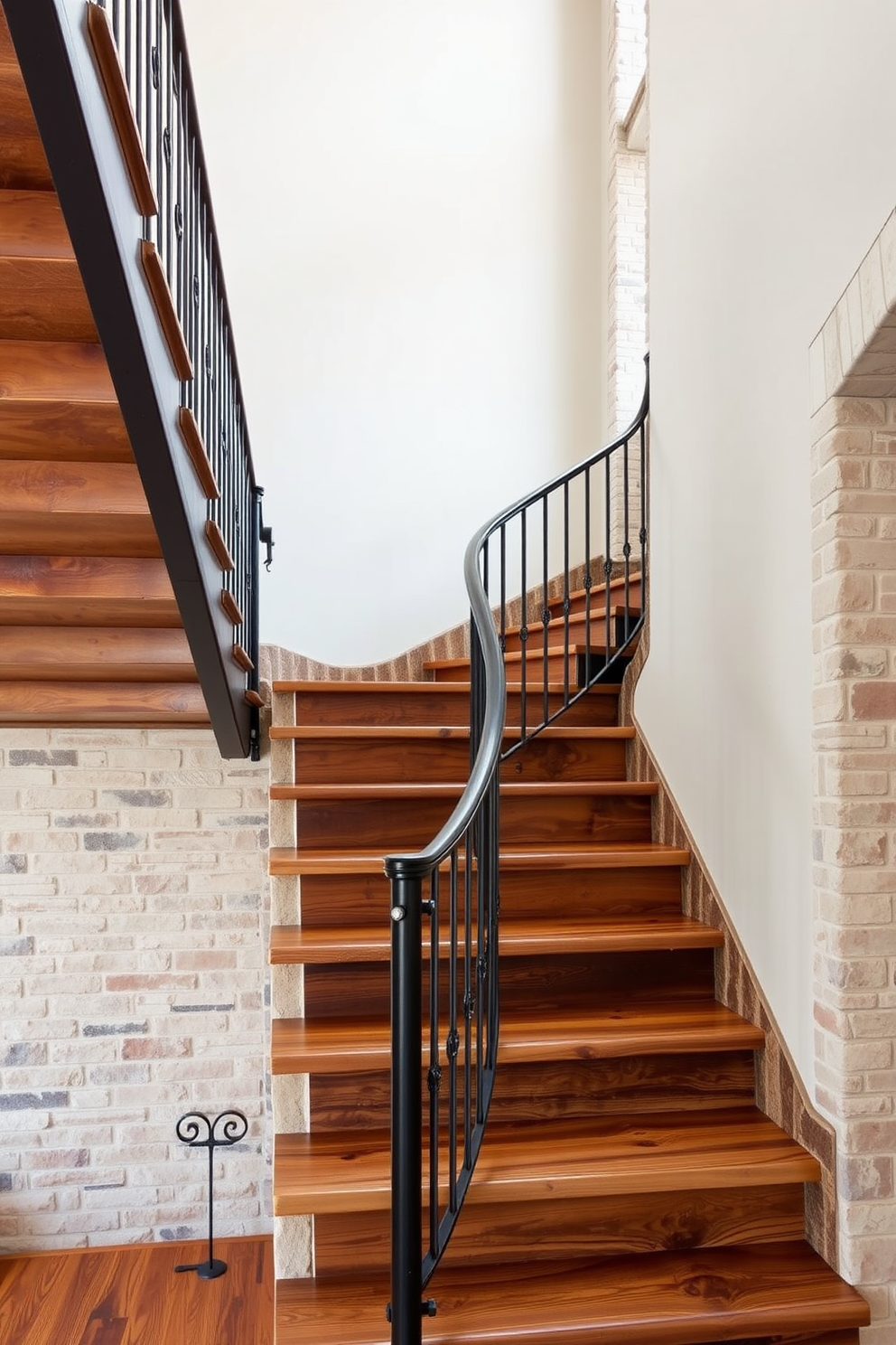 A stunning mixed materials staircase features a combination of rich wood and sleek metal railings, complemented by elegant stone accents that create a striking visual contrast. The warm tones of the wood harmonize beautifully with the cool textures of the stone, enhancing the overall aesthetic of the space. This rustic staircase design showcases reclaimed wood steps that exude charm and character, paired with wrought iron details for a timeless appeal. The surrounding walls are adorned with natural stone, adding depth and warmth to the inviting atmosphere of the home.