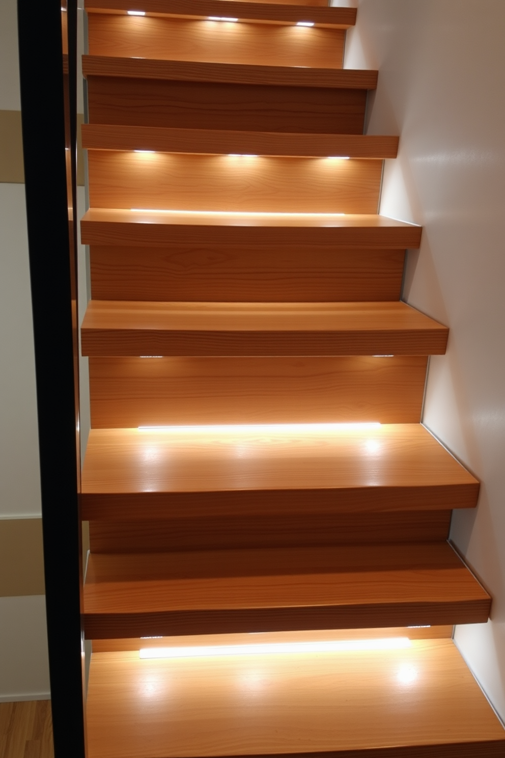 Floating wooden steps create a stunning visual effect, seamlessly blending modern design with warmth. The LED lighting beneath each step adds an enchanting glow, enhancing the overall ambiance of the space. Incorporating natural wood textures with a rustic finish brings character to the staircase. This design not only serves as a functional element but also as a captivating focal point in the home.