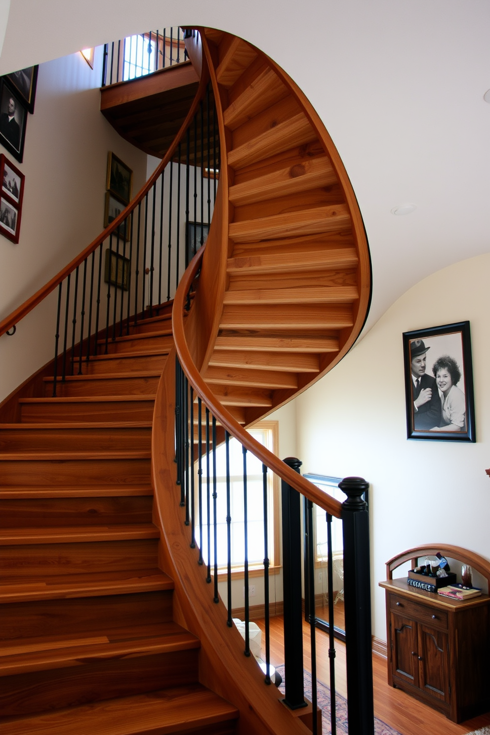A stunning curved staircase made of reclaimed timber gracefully ascends, showcasing the natural grain and rich texture of the wood. The staircase is framed by wrought iron balusters, adding an elegant contrast to the rustic charm of the timber. Soft lighting highlights the curves of the staircase, creating a warm and inviting atmosphere. The surrounding walls are adorned with vintage photographs that complement the rustic design, enhancing the overall aesthetic.