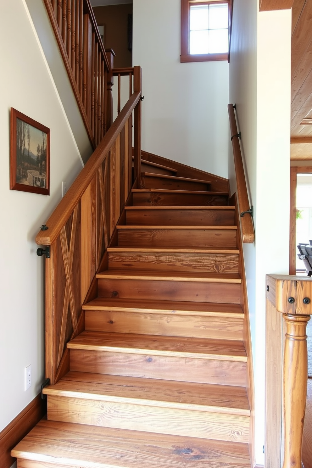 A rustic staircase featuring barn door style railings creates a warm and inviting atmosphere. The wooden steps are complemented by distressed railings that enhance the farmhouse aesthetic.