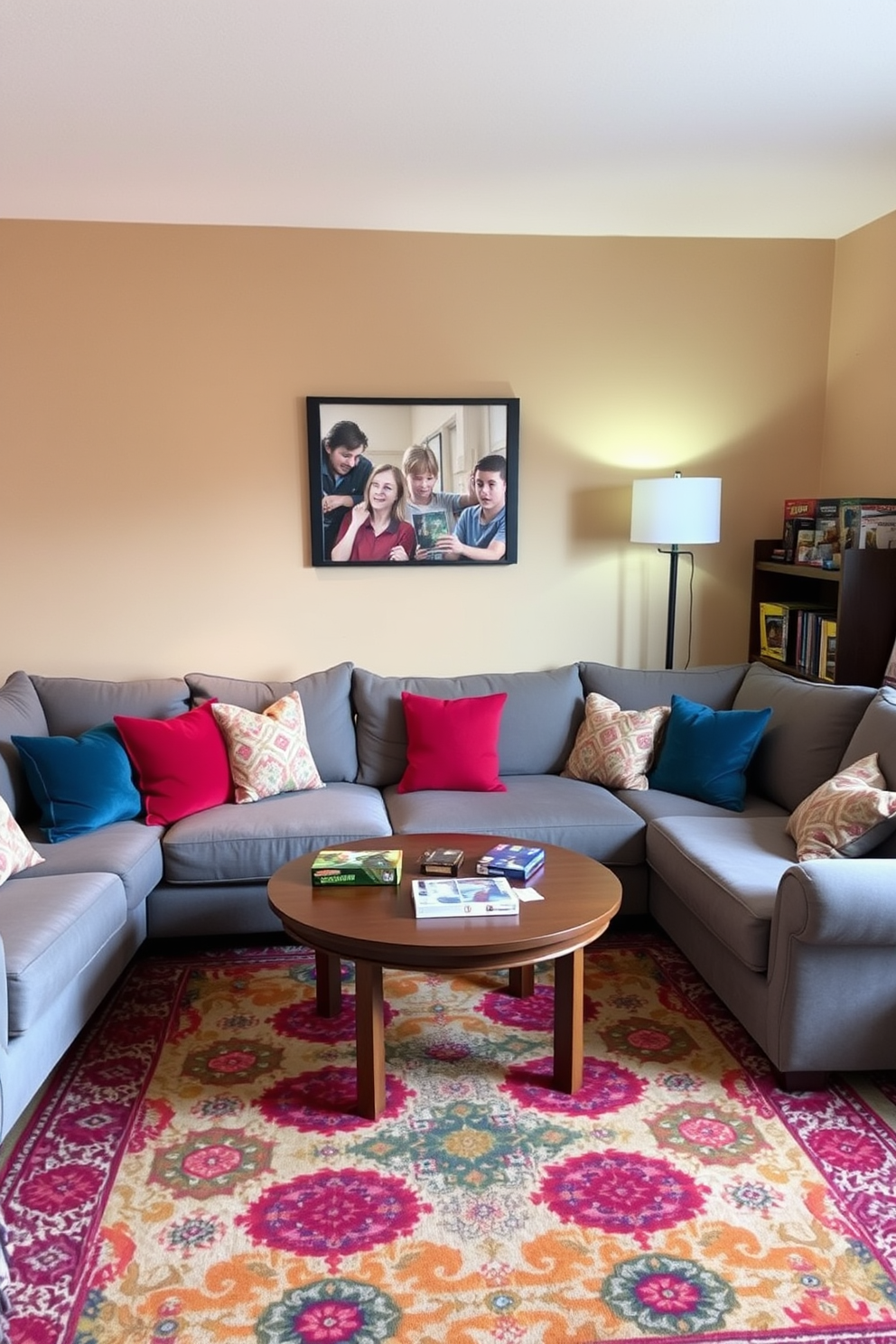 A cozy corner for board games features a plush sectional sofa in soft gray fabric, adorned with colorful throw pillows. A round wooden coffee table sits in the center, surrounded by a collection of board games neatly organized on a nearby shelf. The walls are painted in warm beige tones, creating an inviting atmosphere. Soft lighting from a stylish floor lamp enhances the space, while a vibrant area rug adds comfort underfoot.