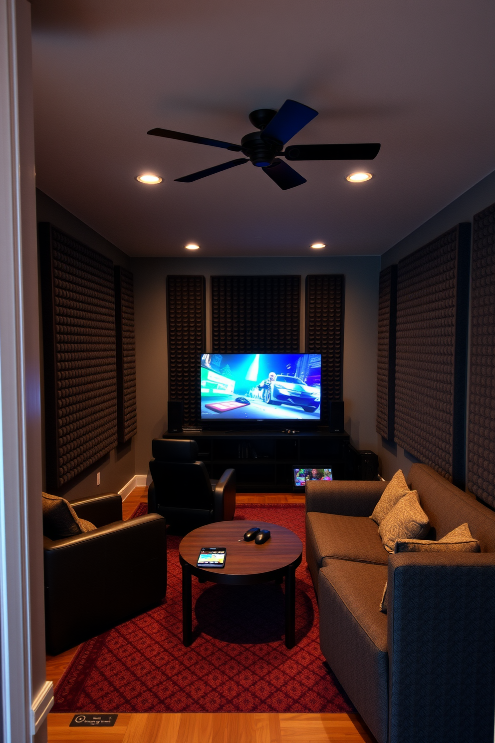 A cozy small game room designed for quiet gaming features soundproofing panels on the walls to minimize noise distractions. The room is equipped with comfortable seating, a large screen for gaming, and ambient lighting to create an inviting atmosphere.