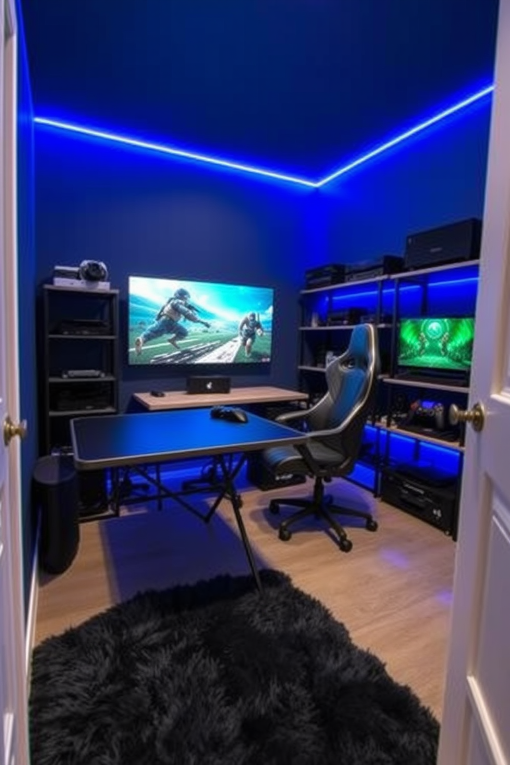 A compact gaming room features a foldable table that can be easily set up for extra gaming space. The walls are painted in a deep blue with LED strip lighting that enhances the gaming atmosphere. In one corner, a comfortable gaming chair is positioned to face a large screen, while shelves hold various gaming consoles and accessories. The floor is covered with a soft, dark rug that adds warmth and comfort to the space.