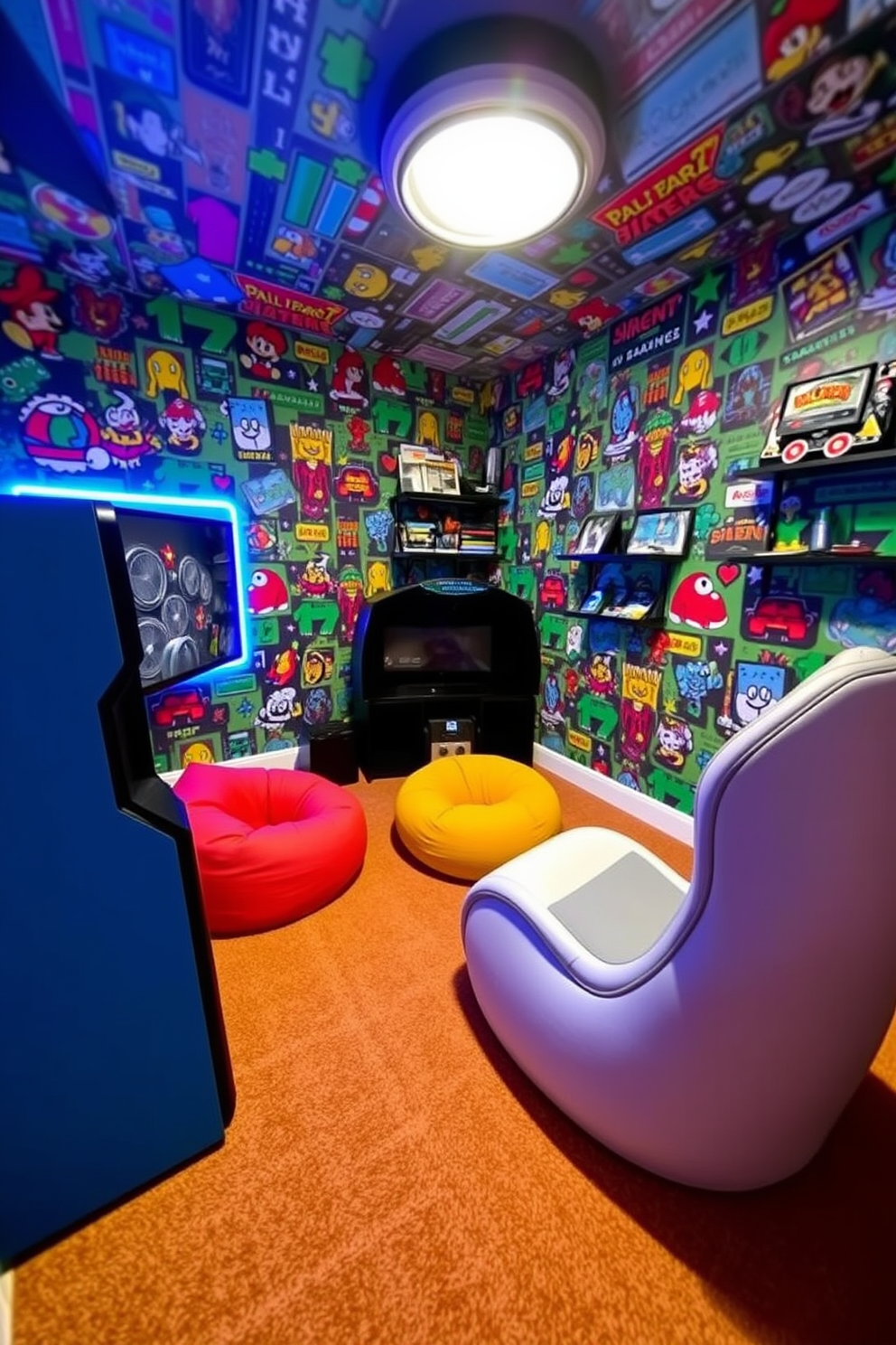 A vibrant game-themed wallpaper covers the walls, featuring colorful graphics of classic video game characters and icons. The room is filled with cozy seating options like bean bags and a sleek gaming chair, creating an inviting atmosphere for relaxation and play. A compact gaming console and a large screen are positioned against one wall, with shelves displaying various games and collectibles. Soft LED lighting enhances the playful ambiance, making it a perfect retreat for gaming enthusiasts.