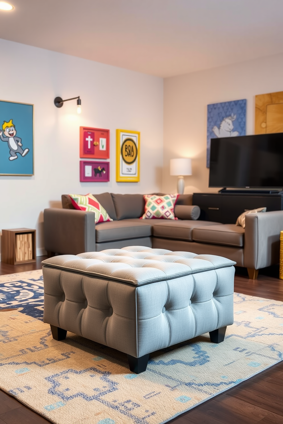 A stylish multi-use ottoman serves as both extra seating and a storage solution in a cozy game room. The ottoman is upholstered in a soft gray fabric and features a tufted design, complementing the playful decor of the space. The game room is designed with a relaxed atmosphere, featuring a low-profile sectional sofa and a vibrant area rug. Brightly colored wall art and playful lighting fixtures add a fun touch to the overall aesthetic.