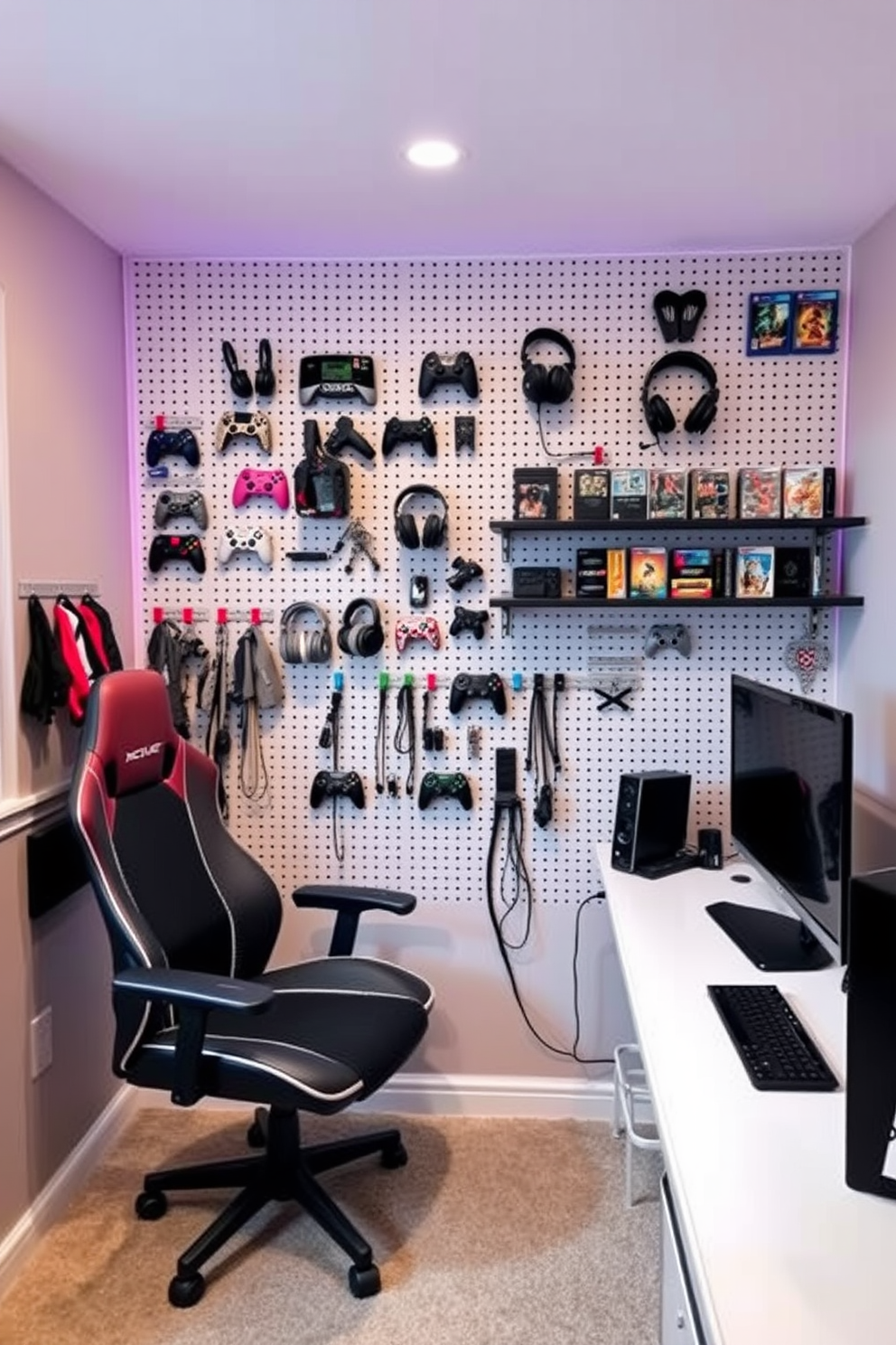 A cozy game room featuring a pegboard wall designed for organizing gaming accessories. The pegboard is adorned with colorful hooks and shelves that hold controllers, headsets, and game cartridges, creating an inviting and functional space. The room includes a comfortable gaming chair and a sleek desk with a modern computer setup. Soft lighting from LED strips enhances the atmosphere, making it a perfect retreat for gaming enthusiasts.