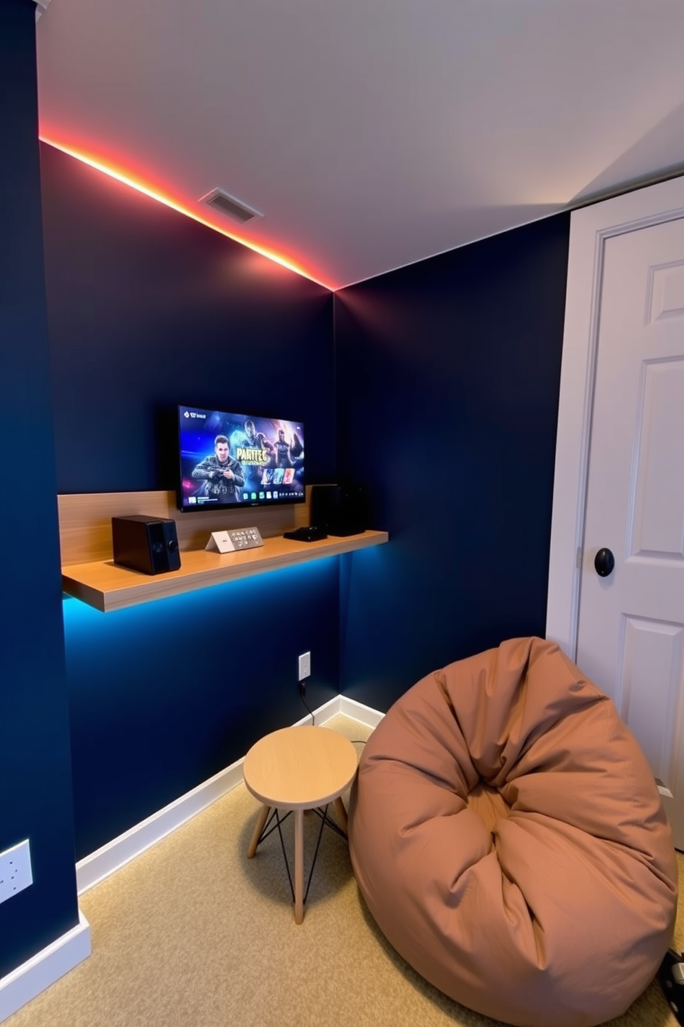 A cozy small game room features a sleek portable gaming console setup on a minimalist wooden shelf. The walls are painted in a deep navy blue, and a plush bean bag chair sits in the corner, inviting relaxation during gaming sessions. Soft LED strip lights illuminate the room, creating an immersive atmosphere for late-night gaming. A small side table holds snacks and drinks, ensuring everything is within reach for a perfect gaming experience.